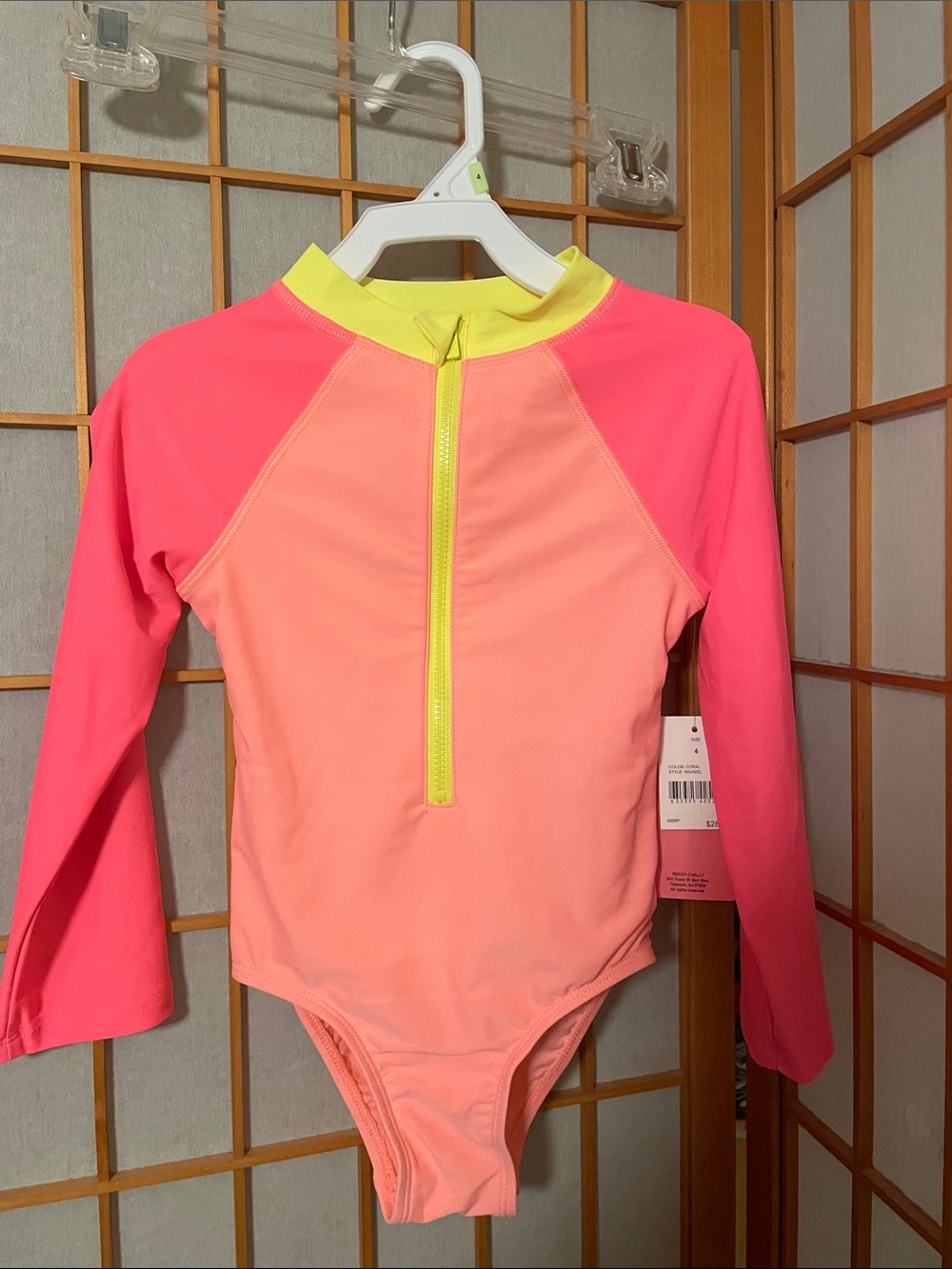 REESY CHELLY Girls Size 4 Long-Sleeve One-Piece Swimsuit Neon Pink & Coral NWT